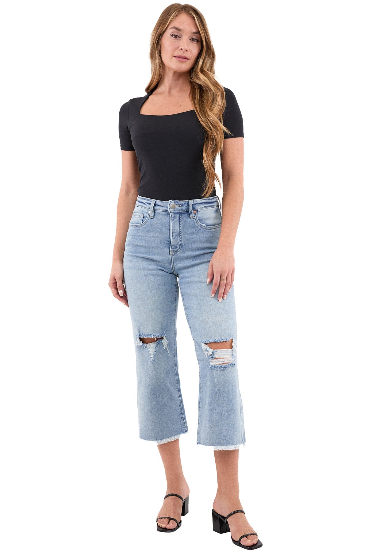 Chloe High Rise Wide Leg Cropped Frayed Jeans