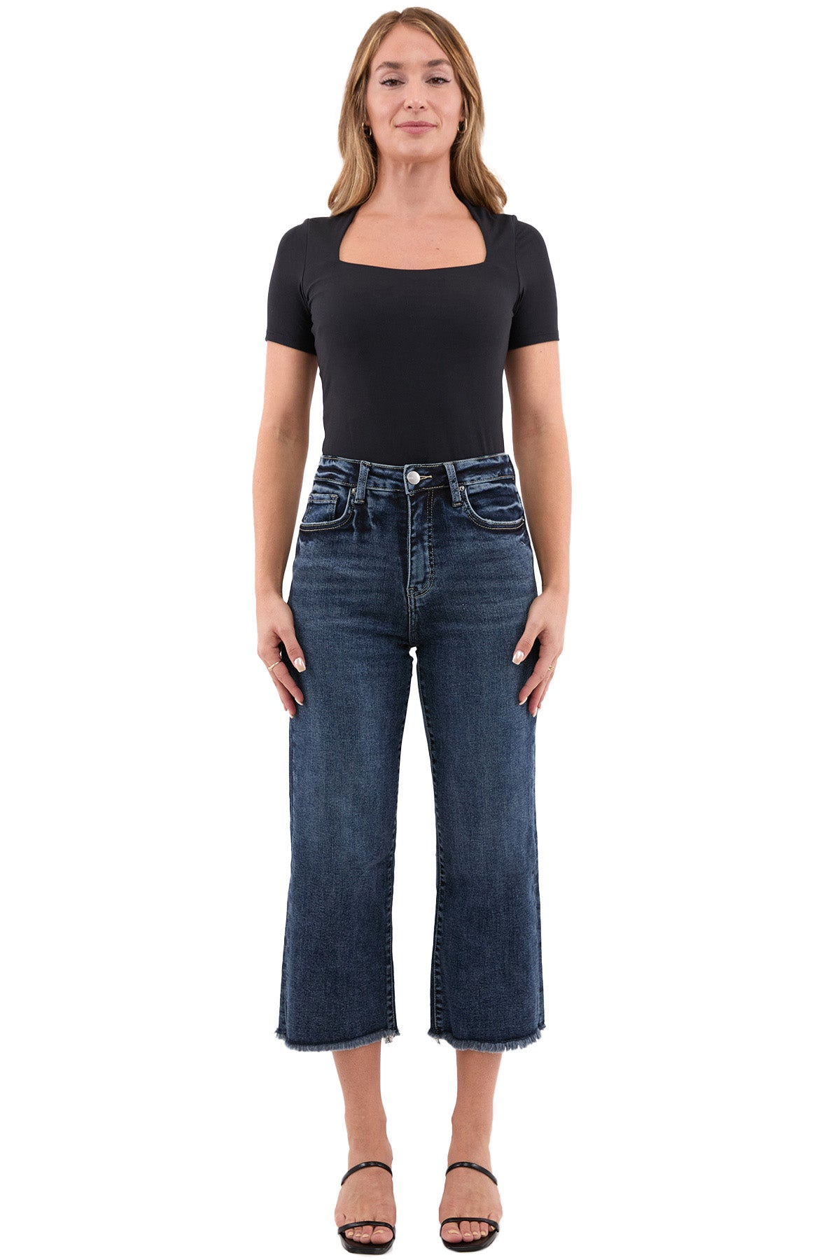 Chloe High Rise Wide Leg Cropped Frayed Jeans