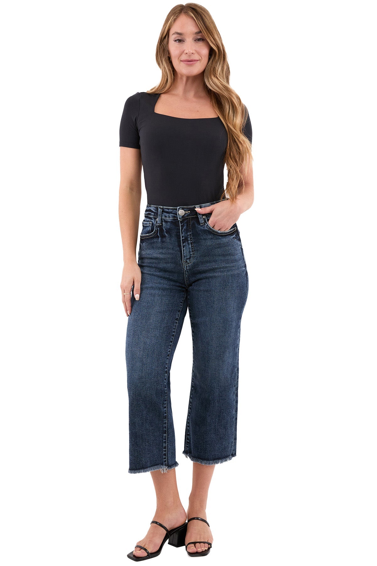 Chloe High Rise Wide Leg Cropped Frayed Jeans