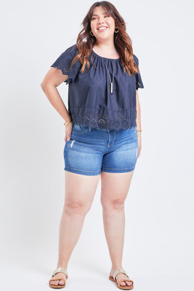 Women Plus Size Wannabettabutt 1 Button Side Slit Hem Shorts Made With Recycled Fibers