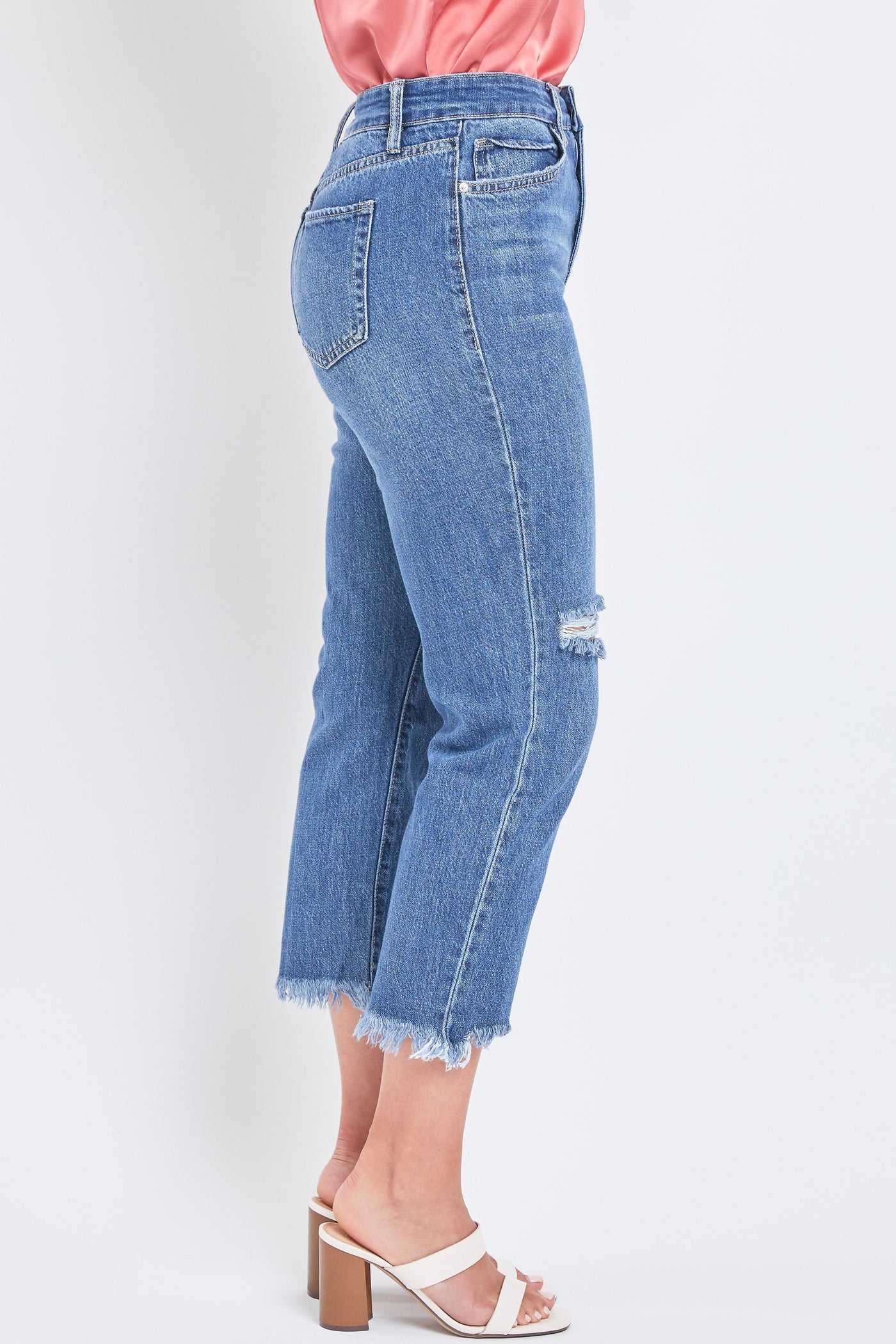 Women's Comfort Waist High Rise Straight Mom Fit Jeans with Destructed Hem